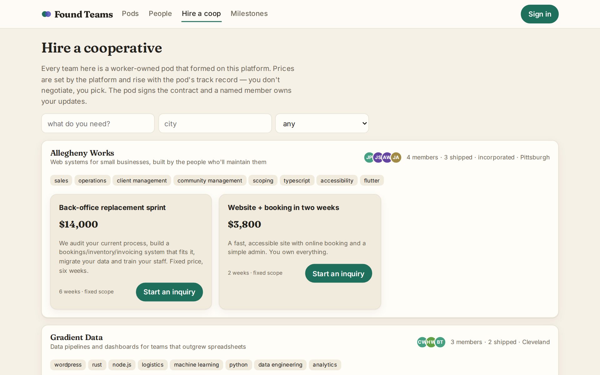 The public directory of formed teams with fixed-price offers